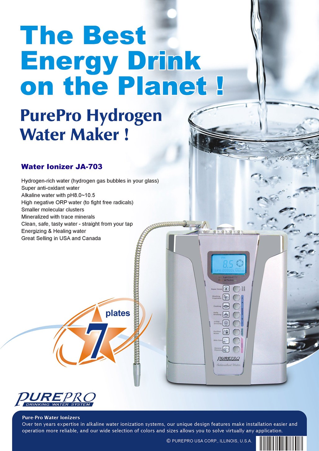 Hydrogen-rich water (hydrogen gas bubbles in your glass), Super anti-oxidant water, Alkaline water with pH8.0~10.5, High negative ORP water (to fight free radicals), Smaller molecular clusters, Mineralized with trace minerals, Clean, safe, tasty water - straight from your tap, Energizing & Healing water